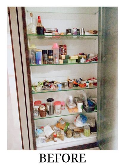 Before: A cluttered pantry cabinet before our Diwali-ready transformation. Items were hard to find and the space was not being used efficiently.