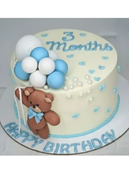 Celebrating three months with this adorable teddy bear cake. It's a homemade eggless choco-blueberry flavor, with a cute fondant bear holding a bunch of balloons.