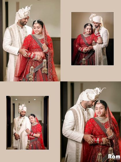 A collage of the couple's portraits in a hallway, capturing their loving interactions and elegant wedding attire.