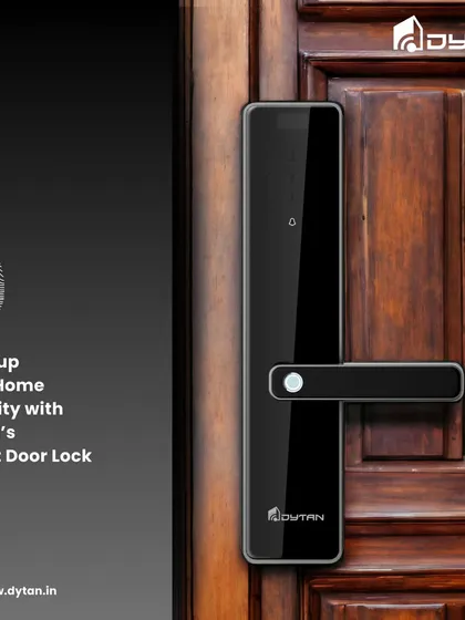 Level up your home security with our smart door lock, shown here on a classic wooden door. The fingerprint icon emphasizes the ease of biometric access.