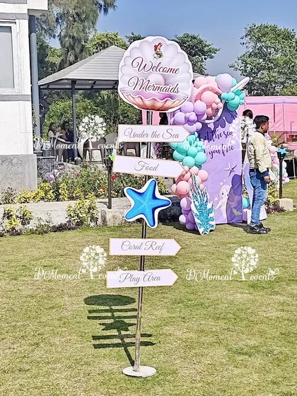 A fun directional sign for an outdoor mermaid party, guiding "mermaids" to the food, coral reef, and play area.