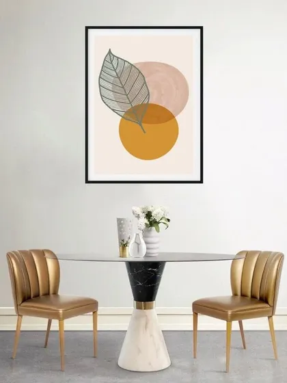 A single framed print featuring a delicate leaf outline over colorful, abstract circles. This piece is perfect for adding a subtle touch of color and nature to a small wall or gallery arrangement.