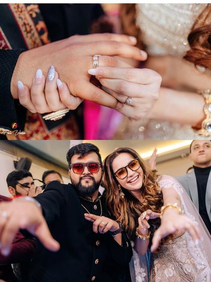A collage showing the ring exchange and the couple's fun, modern pose afterwards, perfectly summarizing the joy of their engagement.
