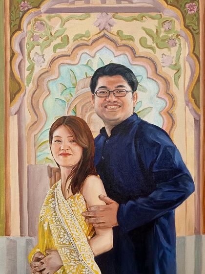 A custom couple portrait featuring a beautiful, ornate archway in the background. I can incorporate specific architectural or design elements to make your painting even more personal.