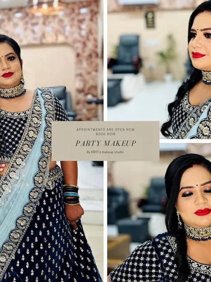 A classic party look with a bold red lip. The client's dark blue velvet lehenga is perfectly complemented by her glamorous makeup and elegant hairstyle.