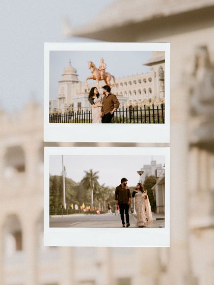 A polaroid-style collage from a shoot in front of iconic Bangalore architecture, blending vintage photo effects with a classic city backdrop.