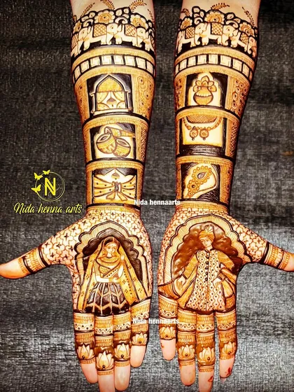 An Indian traditional design with a dulha-dulhan figure, combined with various ritualistic symbols in boxes along the arms.