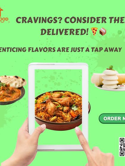 Cravings? Consider them delivered. This image shows a variety of our meals popping out of a tablet, just a tap away.