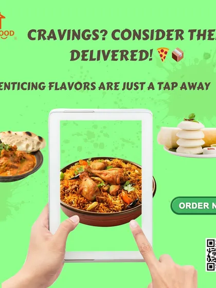 Cravings? Consider them delivered. This image shows a variety of our meals popping out of a tablet, just a tap away.