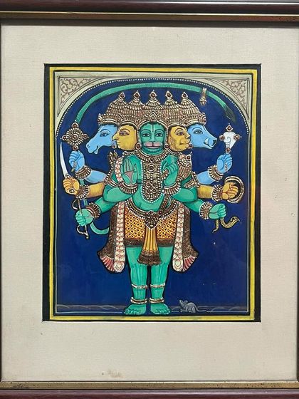 This small 8x8 inch painting of Panchamukhi Anjaneya, or the five-faced Hanuman, is beautifully crafted. Each face represents a different deity, symbolizing ultimate protection and wisdom.