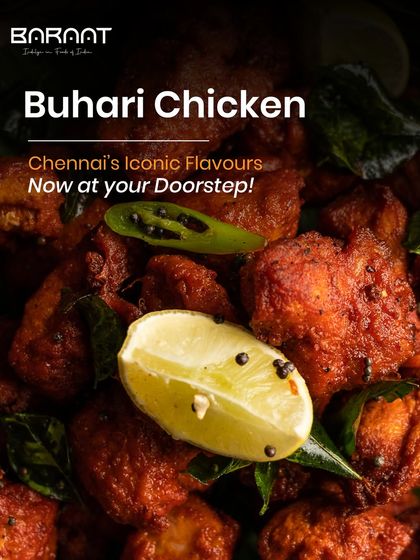 We bring Chennai's iconic flavours to your doorstep with our Buhari Chicken. This spicy, deep-fried chicken dish is a local legend.