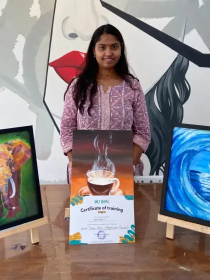 This student's acrylic paintings are full of life and color, from a vibrant elephant to a steaming cup of coffee.