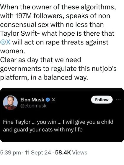 When a powerful platform owner speaks of non-consensual sex, it undermines efforts to combat online rape threats against women. This highlights the urgent need for balanced government regulation of social media platforms to ensure user safety.