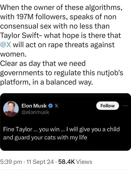 When a powerful platform owner speaks of non-consensual sex, it undermines efforts to combat online rape threats against women. This highlights the urgent need for balanced government regulation of social media platforms to ensure user safety.