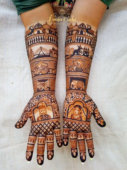 A custom design for a Maharashtrian bride living in Australia, featuring the Sydney skyline, a portrait of the couple, and other personal touches.