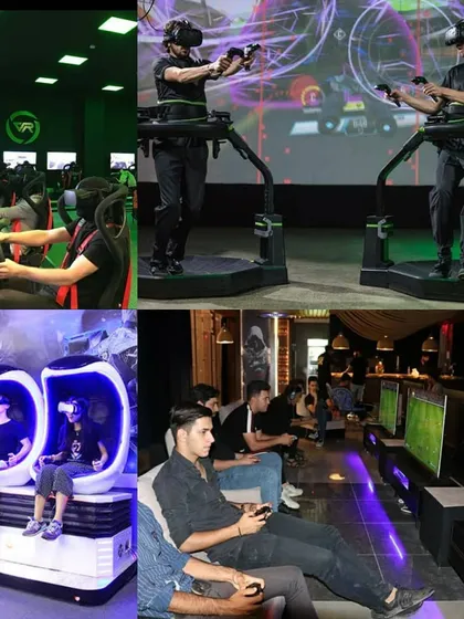 A collage showcasing the variety of VR experiences available. From racing simulators and motion pods to full-movement treadmill arenas, I provide a comprehensive suite of attractions under one roof to fit any event theme.