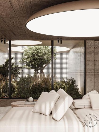 A duplicate of image 90, this shot highlights the beautiful contrast between the warm wood ceiling and the soft, even light from our stretch fabric fixture.