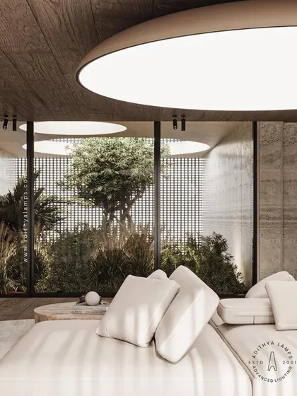 A duplicate of image 90, this shot highlights the beautiful contrast between the warm wood ceiling and the soft, even light from our stretch fabric fixture.
