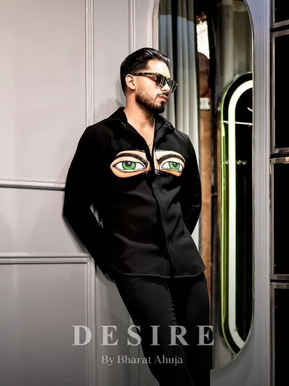 Another angle of the 'Haters' eyes shirt, a piece of wearable art that redefines the rules of menswear.