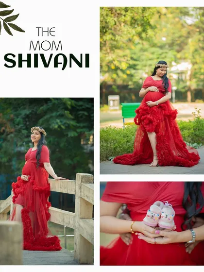 A collage celebrating the mom-to-be in a vibrant red gown, including a close-up of her holding tiny baby shoes.
