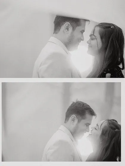 A soft, romantic black and white diptych of a couple sharing a close moment, their faces illuminated by a gentle light.