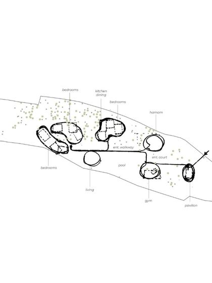 A conceptual site plan for K-Lagoon, showing the organic arrangement of different programmatic elements. The design is a response to the existing trees and the natural flow of the land, creating a series of interconnected pavilions and courtyards.