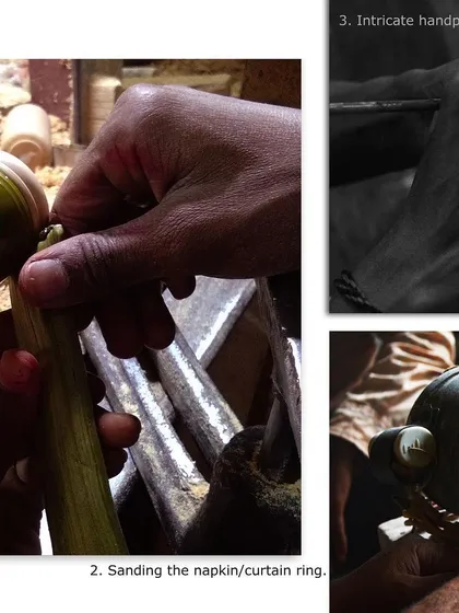This series of images shows the key stages of our process. You can see the initial sanding of a ring, the intricate hand-painting for detail, and the final finishing touches that bring each piece to life.