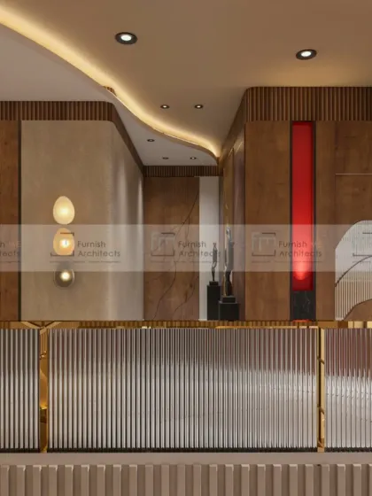 This commercial space features a unique ceiling with a reflective, water-like surface. Combined with fluted glass railings and warm wood tones, the design creates a sophisticated and dynamic atmosphere for events and gatherings.