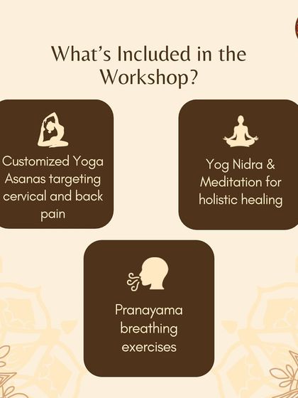 Here is a breakdown of what is included in our therapeutic workshops. We focus on customized Asanas, Yog Nidra for holistic healing, and specific Pranayama breathing exercises.