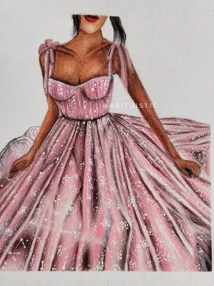 My finished illustration of a flowing pink dress. I spent 9 hours on this piece, focusing on the sheer, glittery fabric and the complex folds of the skirt.