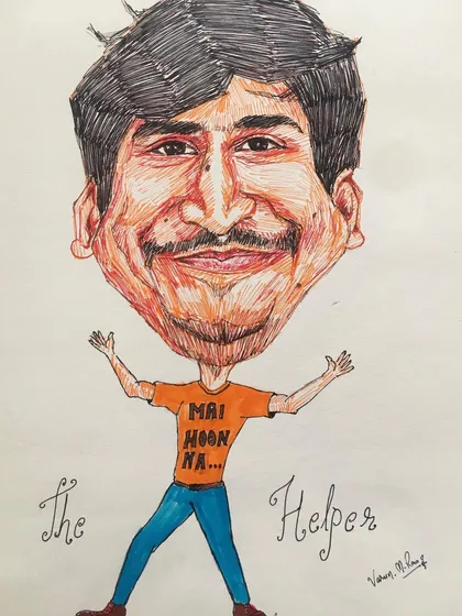 Another piece from the corporate caricature series, this one for "The Helper." The "Mai Hoon Na" t-shirt adds a fun, cinematic touch. These themed caricatures are a great way to boost team morale.