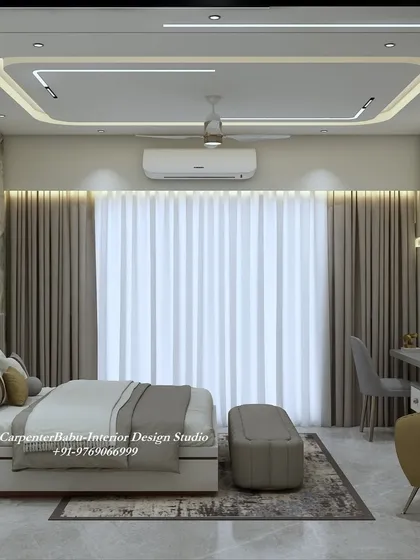 A bedroom with a projector screen, perfect for movie nights. The design is modern and functional, with a built-in desk and chair for work or study.