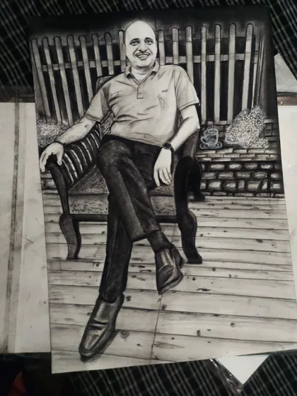 We also do full-body sketches with detailed backgrounds. This portrait of a man relaxing in a chair was created from a photograph and captures a complete scene.