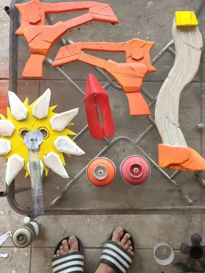 The different parts of the Krieg Buzz-axe laid out before assembly. Each piece was individually crafted and painted to achieve that signature Borderlands cell-shaded look.