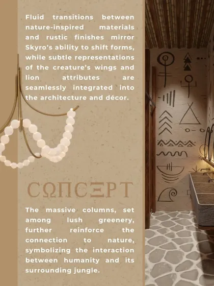 Fluid transitions between materials mirror Skyro's ability to shift forms. Subtle references to the creature's wings and lion attributes are seamlessly integrated into the architecture and decor, reinforcing the narrative.