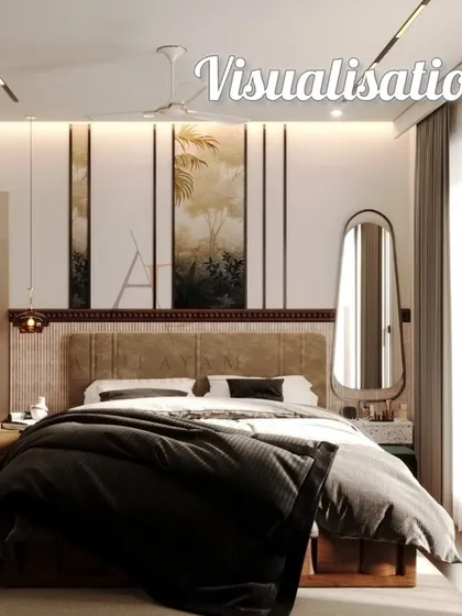 The 3D visualization for the parent's bedroom, laying out the design concept with the tropical-themed wall panels and textured headboard.