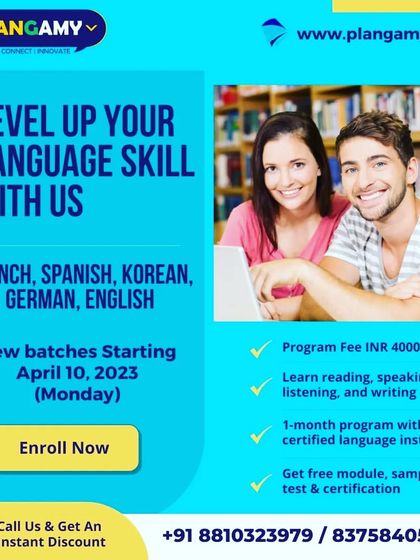 Level up your language skills with our one-month programs in French, Spanish, Korean, German, and English. These courses include free learning modules, tests, and certification.
