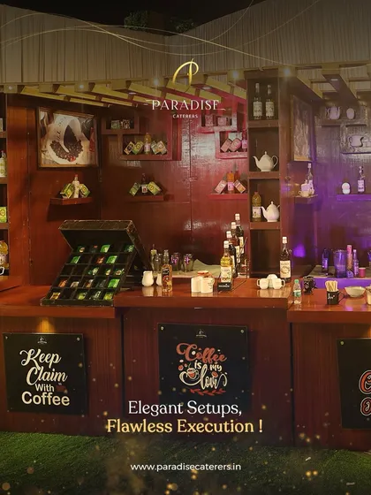 Elegant setups, flawless execution. Our rustic wooden coffee and tea bar is a charming addition to any event, providing a cozy corner for guests.