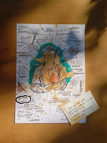 This custom illustration was for a friend who loves science and ice cream. I filled the background with physics formulas and scientific symbols, all drawn by hand.