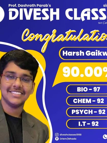 Congratulations to Harsh Gaikwad for scoring 90% in the HSC Science exams. His high scores in subjects like Biology (97) and Chemistry (92) reflect our specialized coaching for medical entrance aspirants.