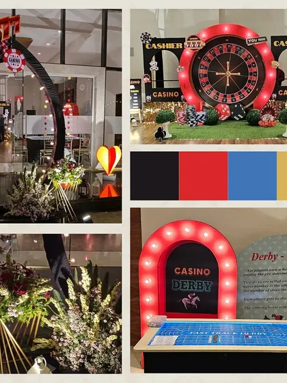For a lively Diwali party, I designed a "Casino Royale" theme. This collage highlights the key elements, including a custom roulette wheel photobooth, a "Casino Derby" game, and a cohesive color palette of red, black, and gold to create a glamorous and entertaining atmosphere.