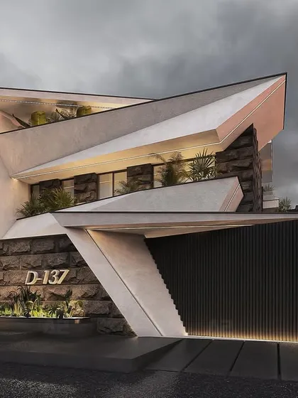 An alternate take on the geometric farmhouse concept, this version uses white and natural stone to create a different feel. The sharp, angular lines are softened by the texture of the stone, blending modernism with a rustic, grounded aesthetic.