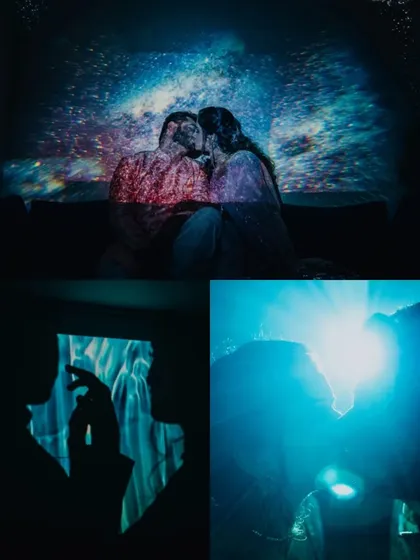 An artistic and creative pre-wedding shoot using light projectors to create a galaxy effect. A truly unique and magical portrait session.