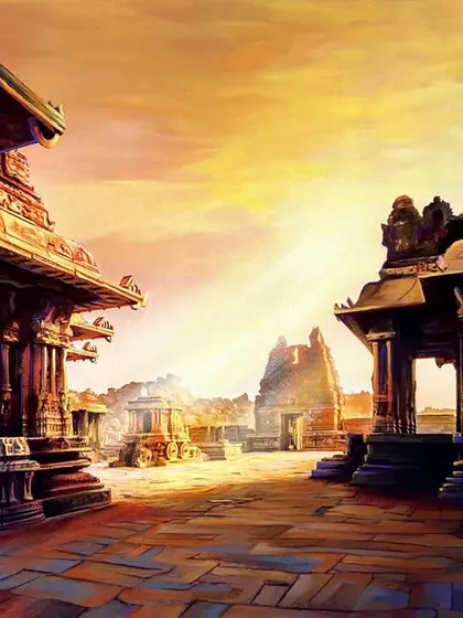 A landscape painting of the historic Vijaya Vittala Temple in Hampi at sunset. My focus here was on the warm light and long shadows that define the ancient architecture, bringing the stone ruins to life.