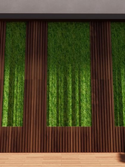 This 3D render showcases a feature wall with wood paneling and integrated vertical green panels. It's a modern and sophisticated way to bring nature into a covered patio space.