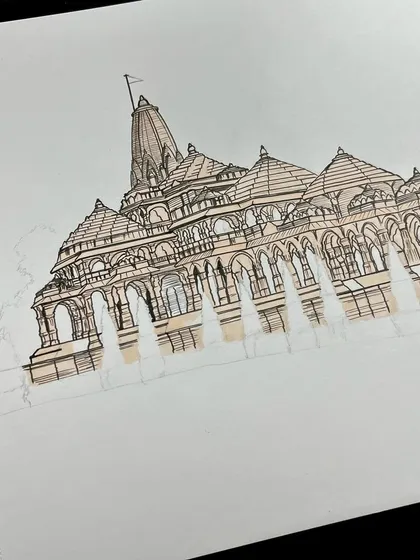 The line art and initial shading for the Ram Mandir drawing. This stage shows the precise ink work that defines the temple's intricate structure.