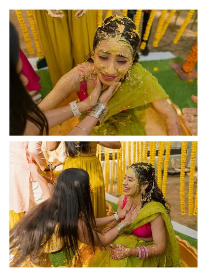 Two frames showing the bride's emotional and joyful reactions as her loved ones apply haldi.