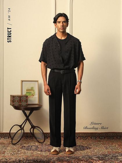 A full-look shot for Struct's AW'24 collection, featuring the Leisure Bowling Shirt in a styled studio environment.