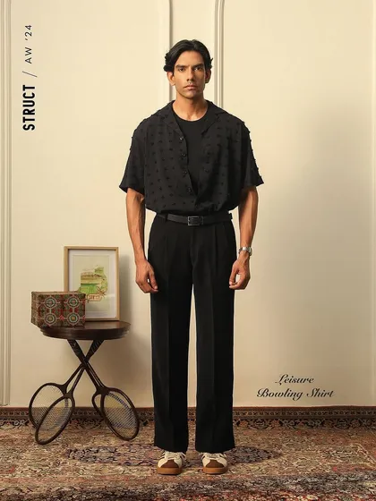 A full-look shot for Struct's AW'24 collection, featuring the Leisure Bowling Shirt in a styled studio environment.