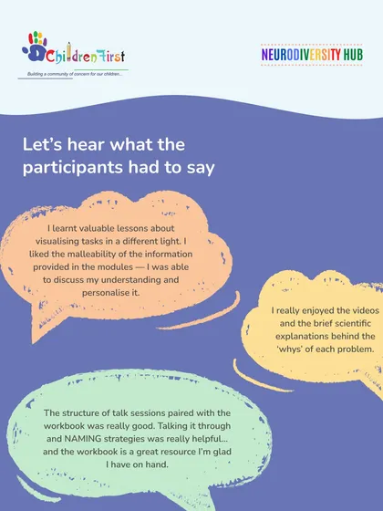 The voices of our participants show the impact of the In-Sync program. Testimonials highlight the value of personalized strategies, the helpfulness of the workbook, and the scientific explanations behind the methods.
